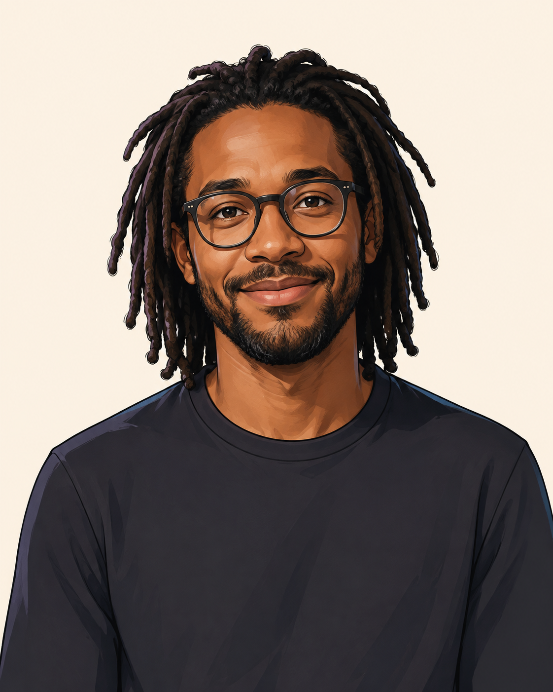 Illustrated placeholder for John Amba, with dreadlocks and glasses