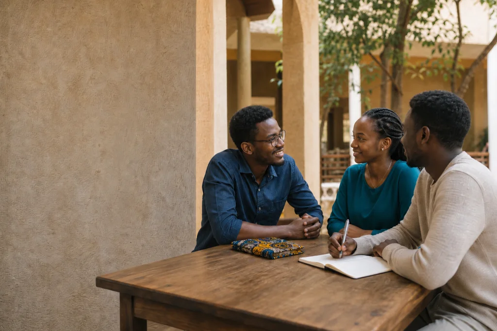Concept illustration of three people sharing ideas around a table