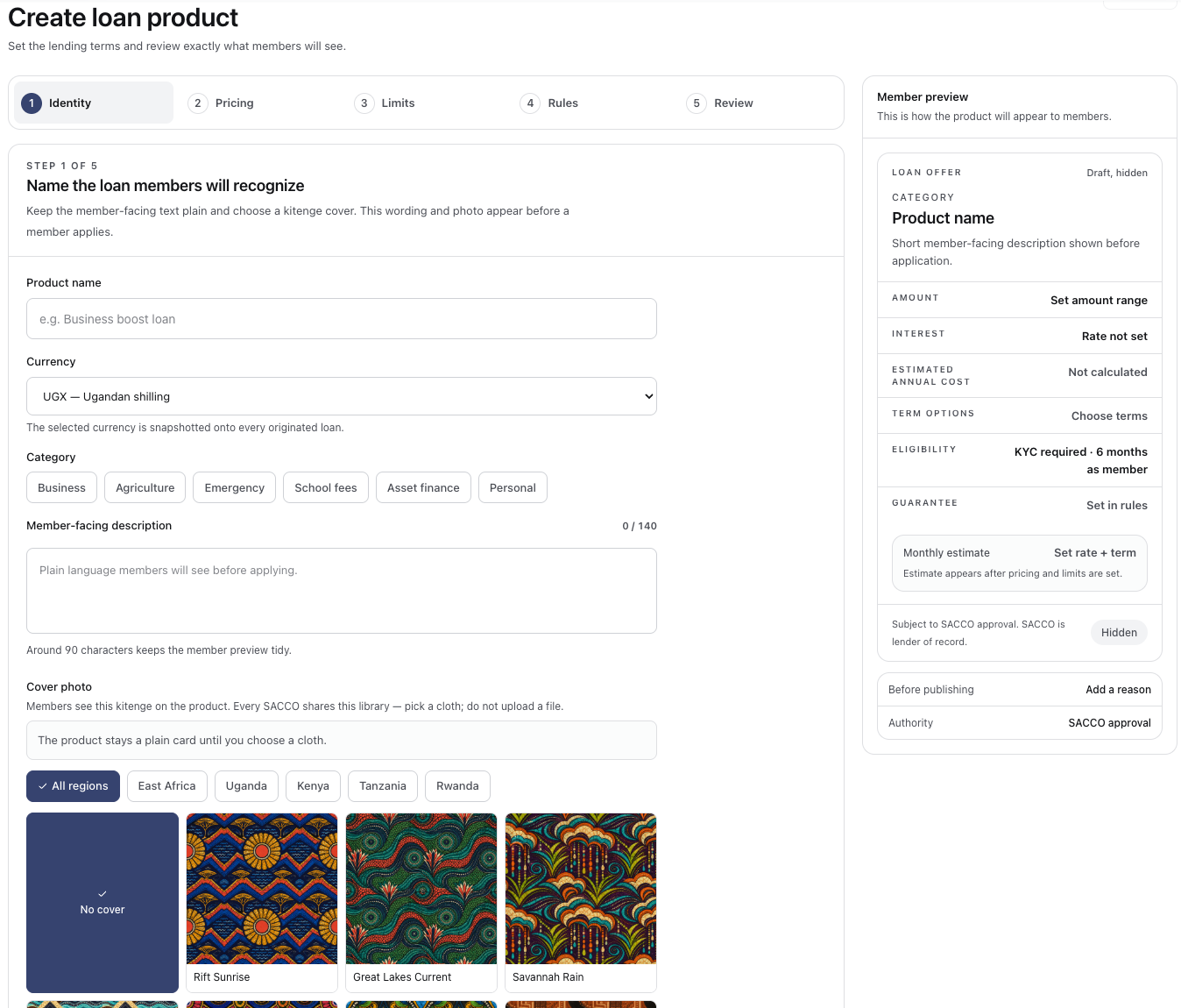 SenteRail SACCO Back Office loan-product builder, with lending configuration, a draft member preview and kitenge cover choices.