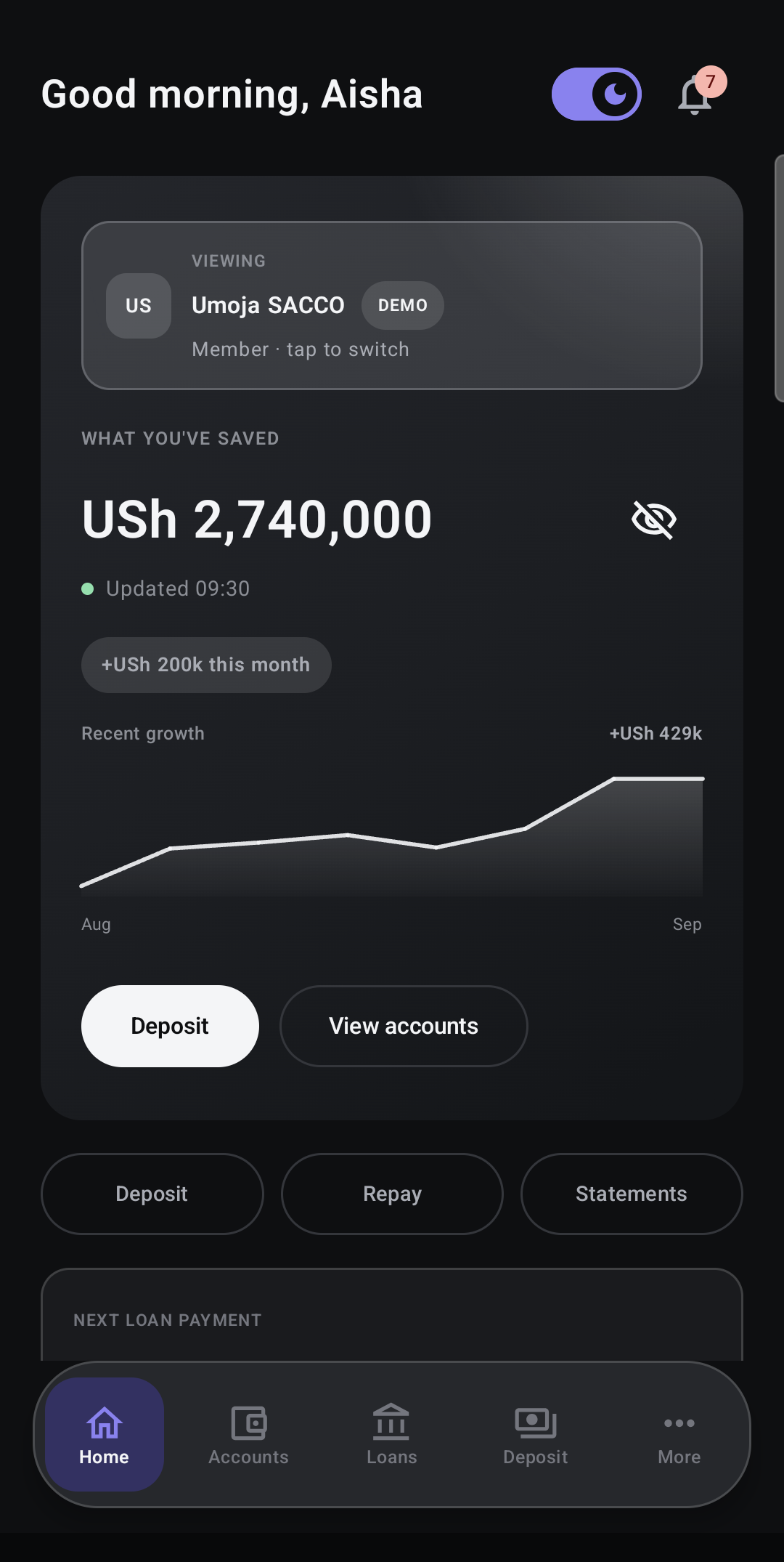 Member App demo dashboard with savings, loans and account activity.