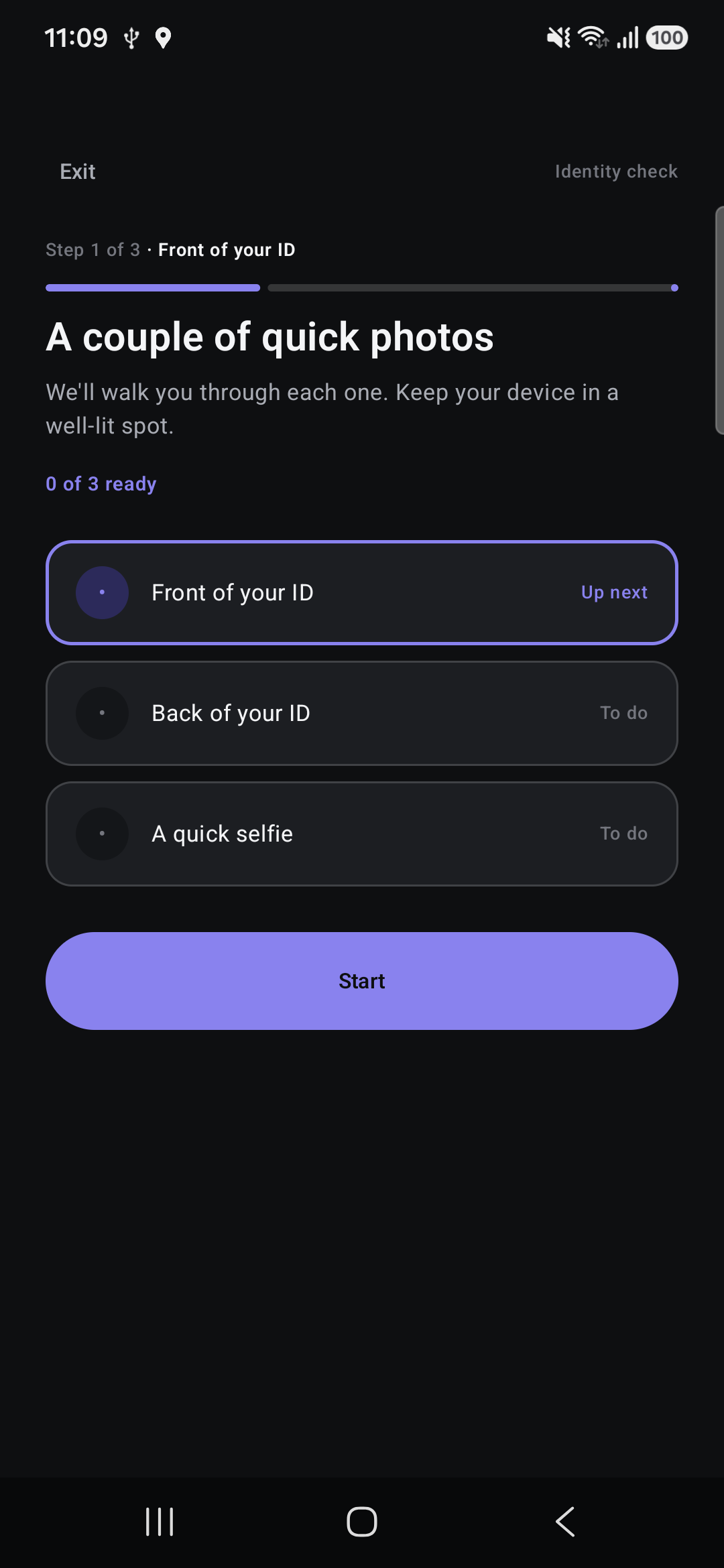 Onboarding checklist showing front of ID, back of ID and selfie steps before capture.