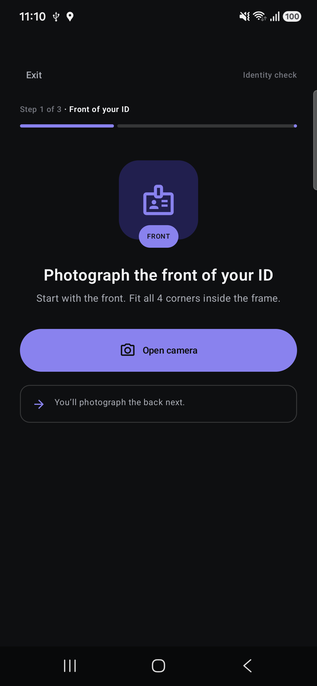 Guidance to photograph the front of an ID with all four corners inside the frame. No identity document is displayed.